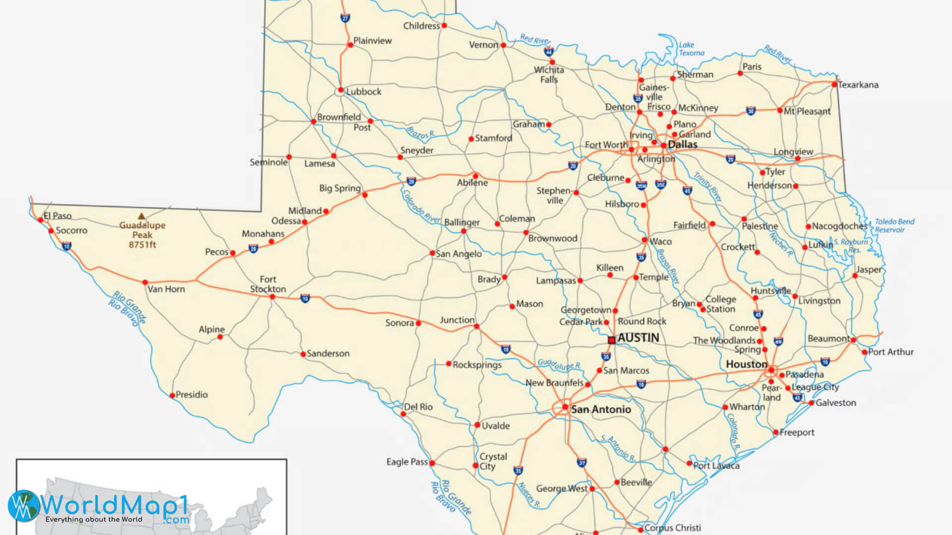 Texas Map with Austin and Dallas